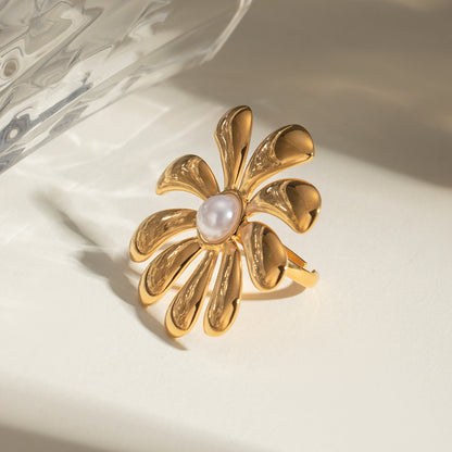 18K Gold Stainless Steel Pearl Sunflower Plastic Pearl Open Ring