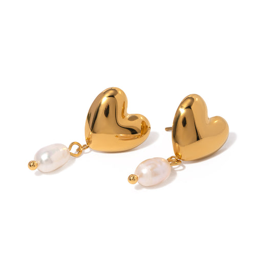 18K Gold Stainless Steel Polished Heart Freshwater Pearl Earrings