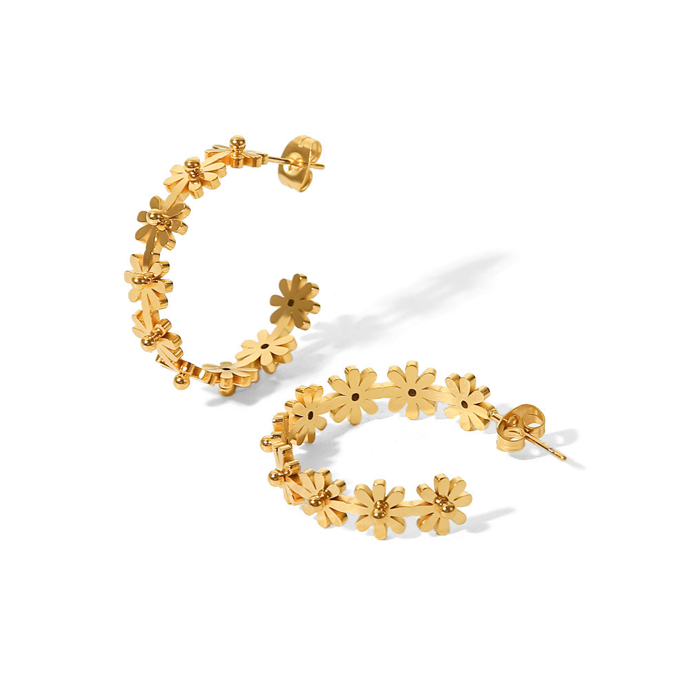 18k Gold Stainless Steel Small Flower C-Shaped Hoop Earrings