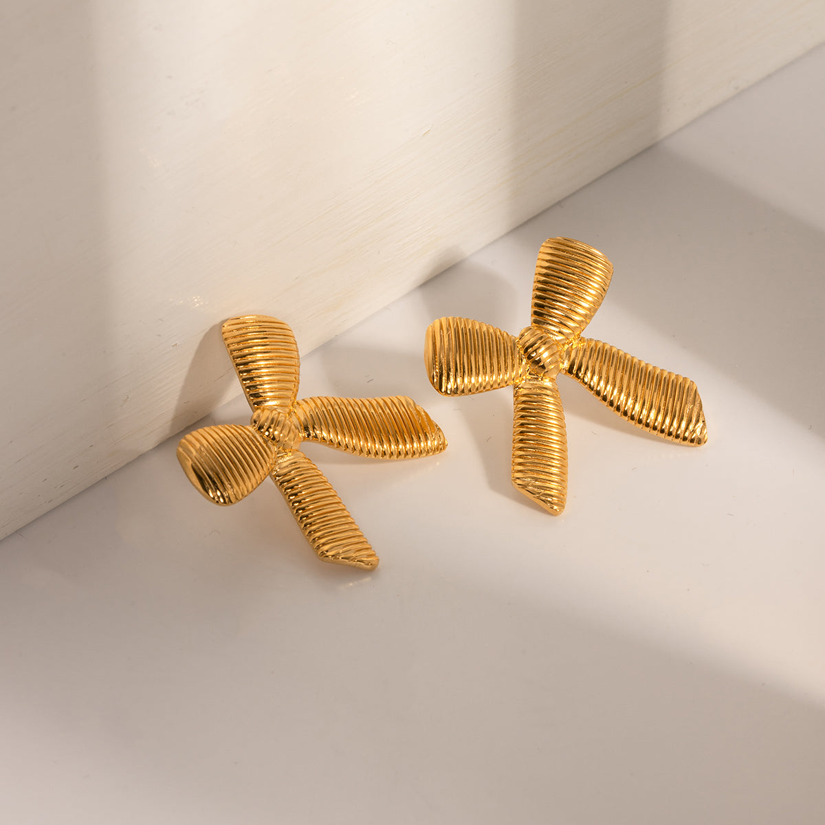 18K Gold Stainless Steel Striped Bow Knot Earrings