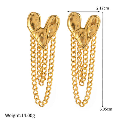 18k Gold Stainless Steel Hammered Heart Tassel Earrings