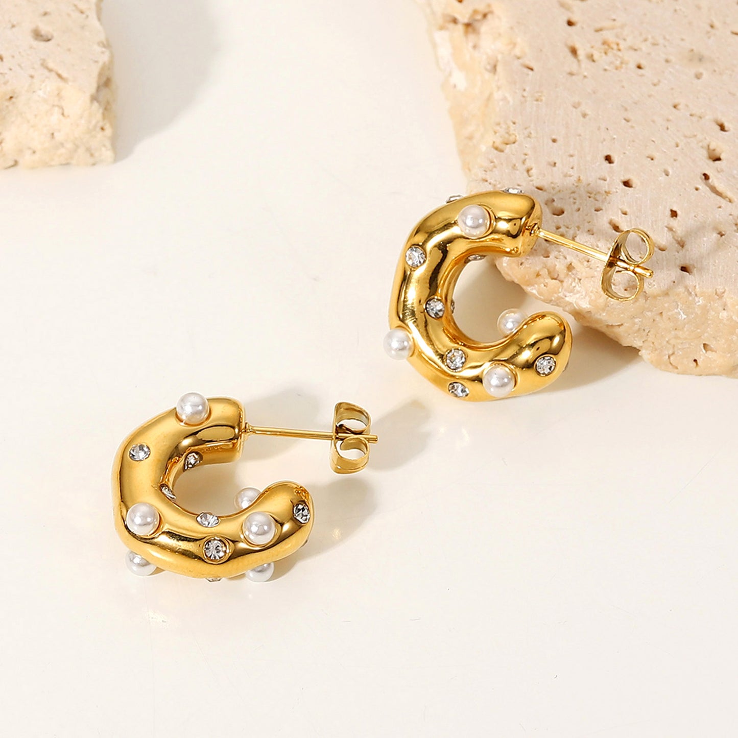 18K Gold Stainless Steel Irregular Hammered Earrings with Cubic Zirconia Inlaid C-shaped Ear Cuffs