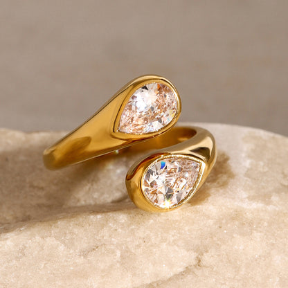 18K Gold / Silver Stainless Steel Zircon Asymmetric Open Waterdrop Zircon Ring