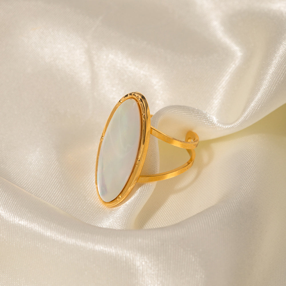 18k Gold Stainless Steel Natural Iridescent White Mother-of-Pearl Oval Luxury Ring