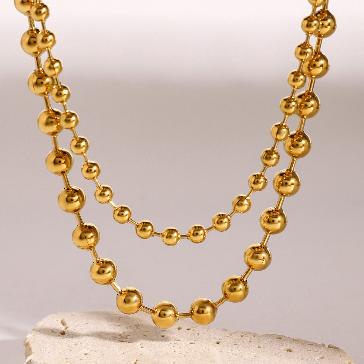 18k Gold Stainless Steel Double-Layer Necklace with Steel Beads