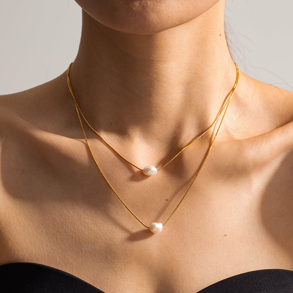 18k Gold Stainless Steel with Freshwater Pearl Double Layer Necklace