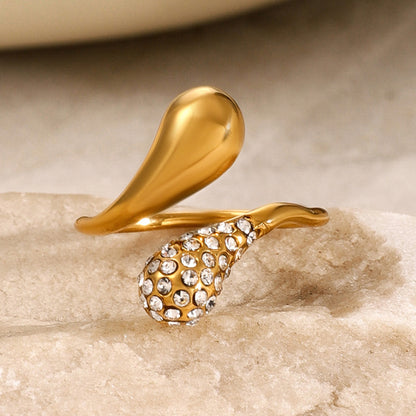 18K Gold Stainless Steel Asymmetric Waterdrop Rhinestone Open Ring