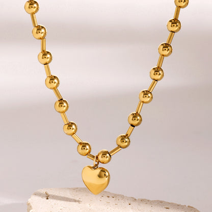 18k Gold Stainless Steel Heart Polished & Steel Ball Chain Necklace