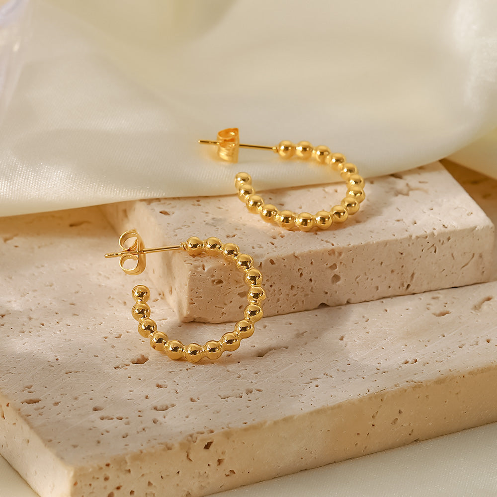 Small Gold Bead Round C-Shaped Hoop Earrings