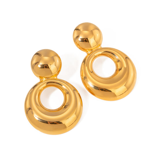 18K Gold Stainless Steel Vintage Double Layer Smooth Hollow Earrings