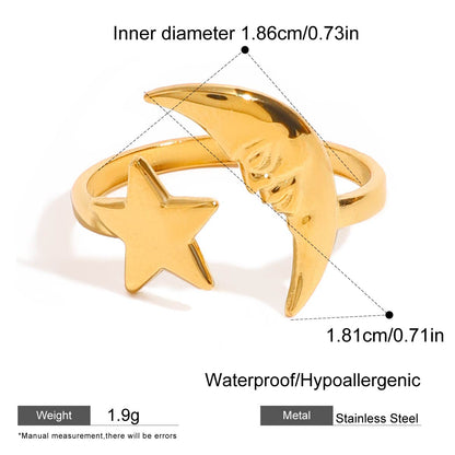 18k Gold Stainless Steel Simple Star and Moon Open Ring