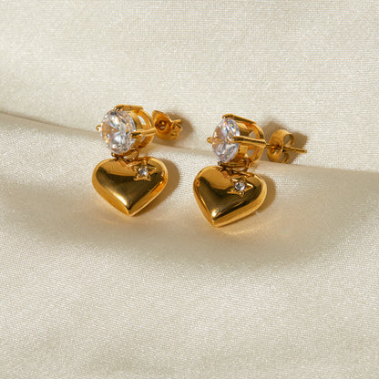 18K Gold Stainless Steel Heart Pendant Earrings with Cubic Zirconia