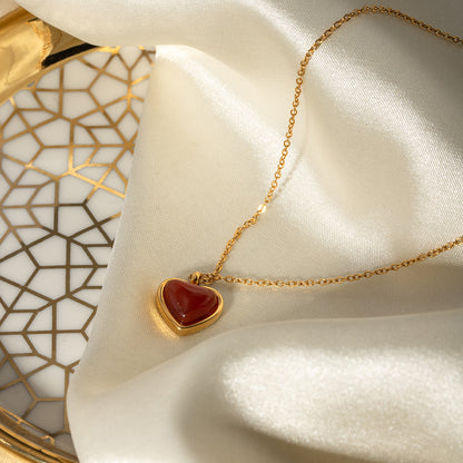 18K Gold Stainless Steel Necklace with Inlaid Red Agate Heart Pendant 45+5cm