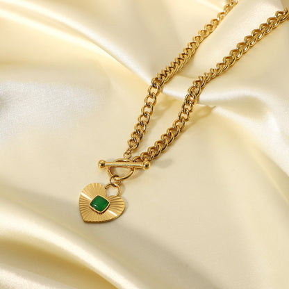 18k Stainless Steel Heart-Shaped Pendant with Green Agate OT Clasp Cuban Chain Necklace