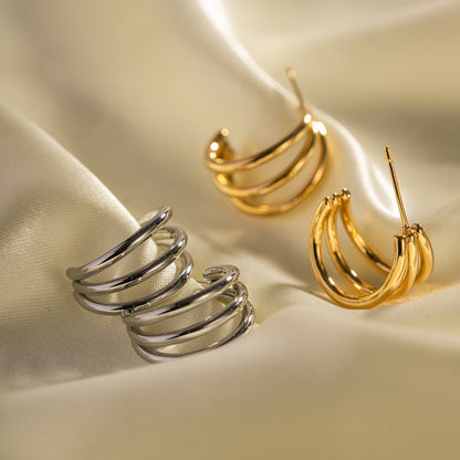 18K Stainless Steel Polished Triple Line Earrings