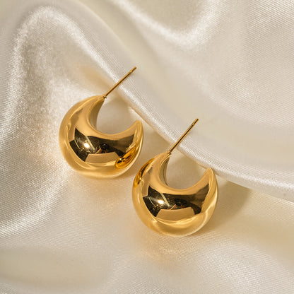 18K Stainless Steel Gold Ball Semi-Circular Chunky Hollow C-Shaped Earrings