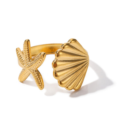 18K Gold Stainless Steel Starfish Shell Ring