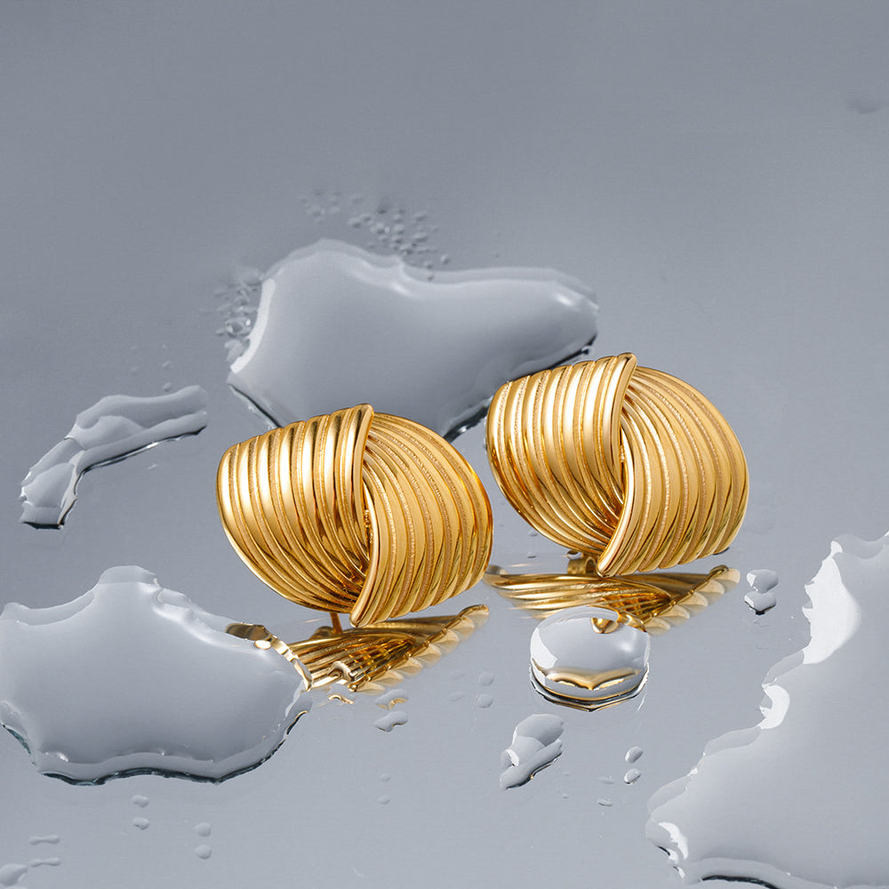 18K Gold Stainless Steel Striped Textured Interlocking Stud Earrings