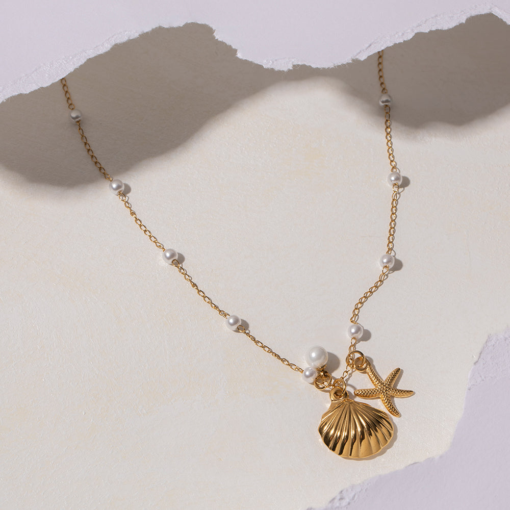 18K Gold Stainless Steel Necklace with Pearl, Starfish and Shell Pendants