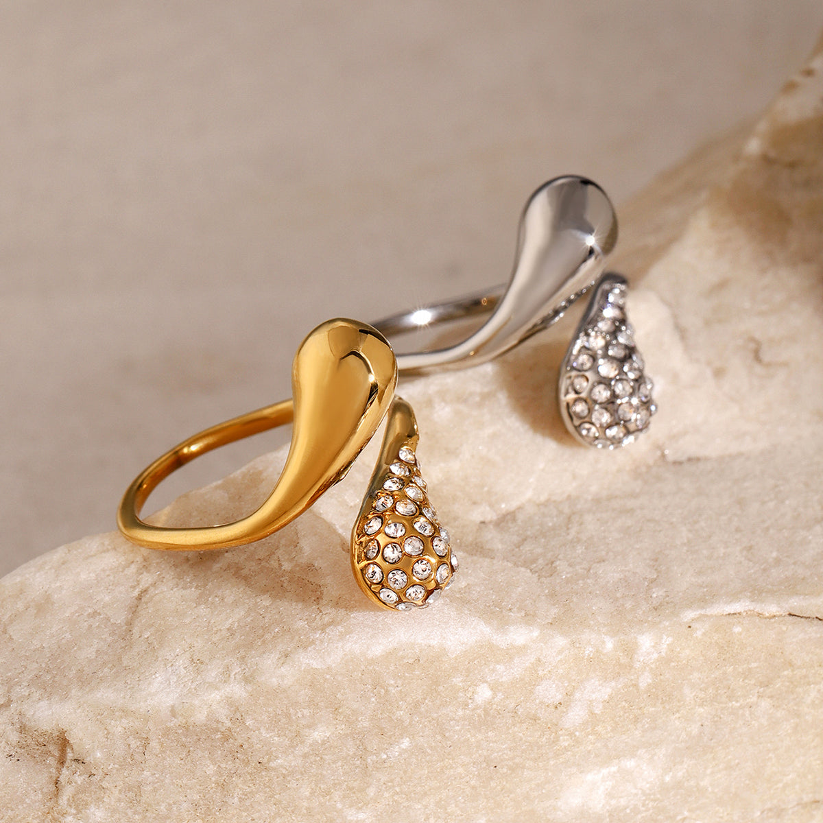 18K Gold Stainless Steel Asymmetric Waterdrop Rhinestone Open Ring