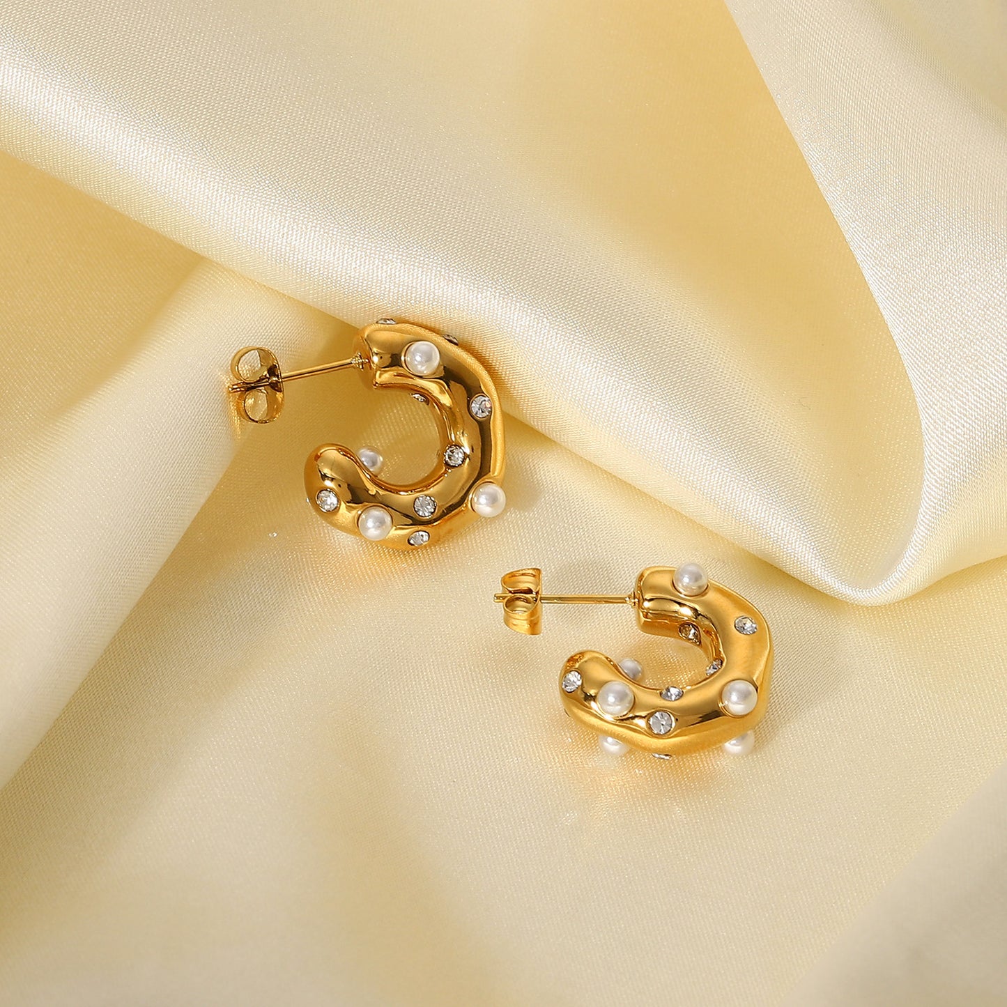 18K Gold Stainless Steel Irregular Hammered Earrings with Cubic Zirconia Inlaid C-shaped Ear Cuffs