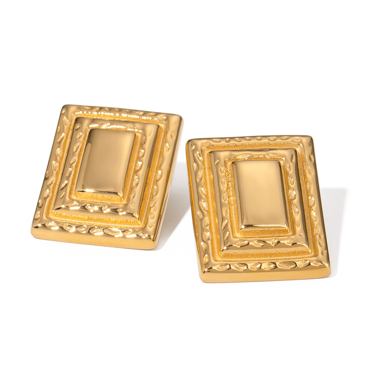 18k Gold Stainless Steel Vintage Rectangular Three-Layer Earrings