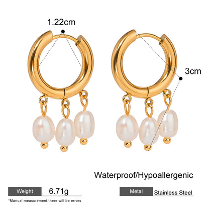 18k Gold Stainless Steel with Freshwater Pearls Hoop Earrings with Three White Freshwater Pearls