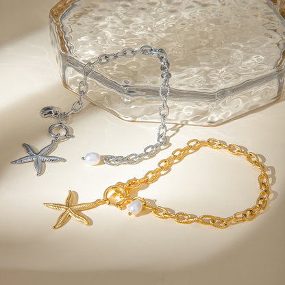 18K Gold Stainless Steel Starfish, Shell, and Natural Freshwater Pearl Bracelet 23cm