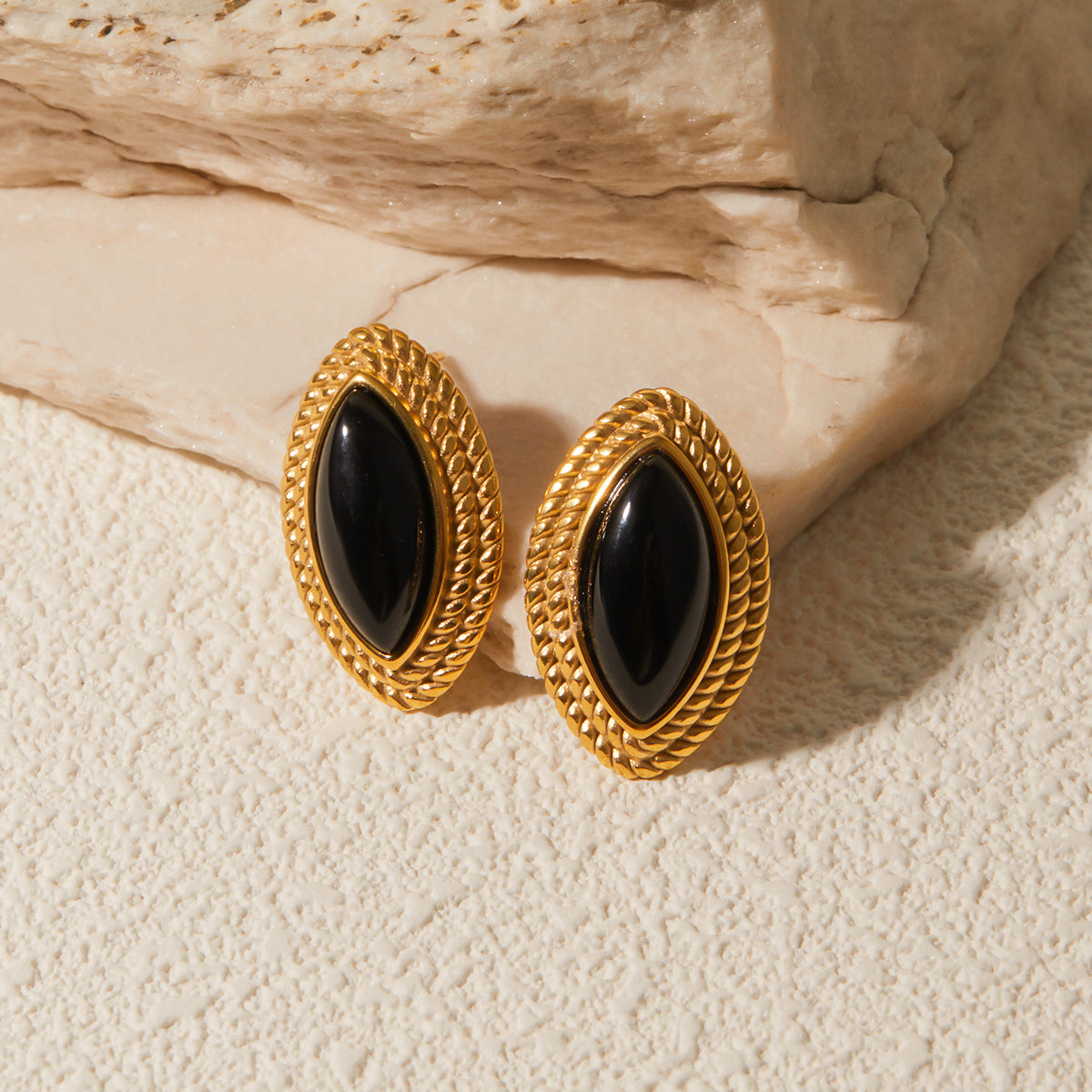 18K Gold Stainless Steel Marquise Black Onyx Earrings