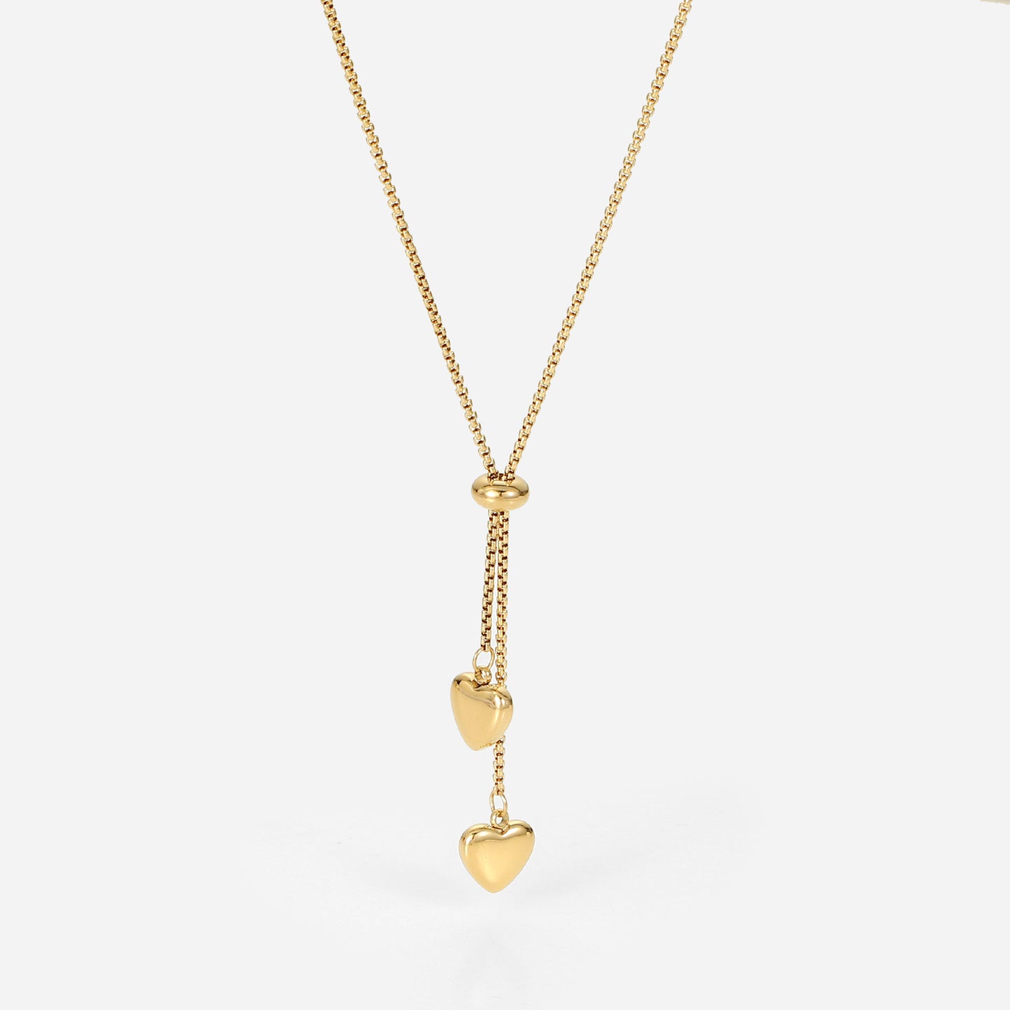 14K Gold Y-Shaped Rope Chain Necklace with Two Heart Pendants