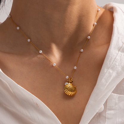 18K Gold Stainless Steel Necklace with Pearl, Starfish and Shell Pendants