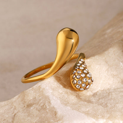 18K Gold Stainless Steel Asymmetric Waterdrop Rhinestone Open Ring