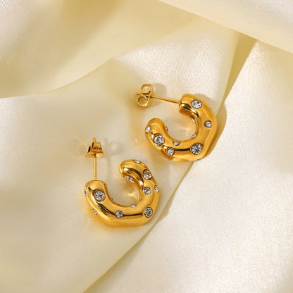 18K Gold Stainless Steel Irregular Hammered Earrings with Cubic Zirconia Inlaid C-shaped Ear Cuffs