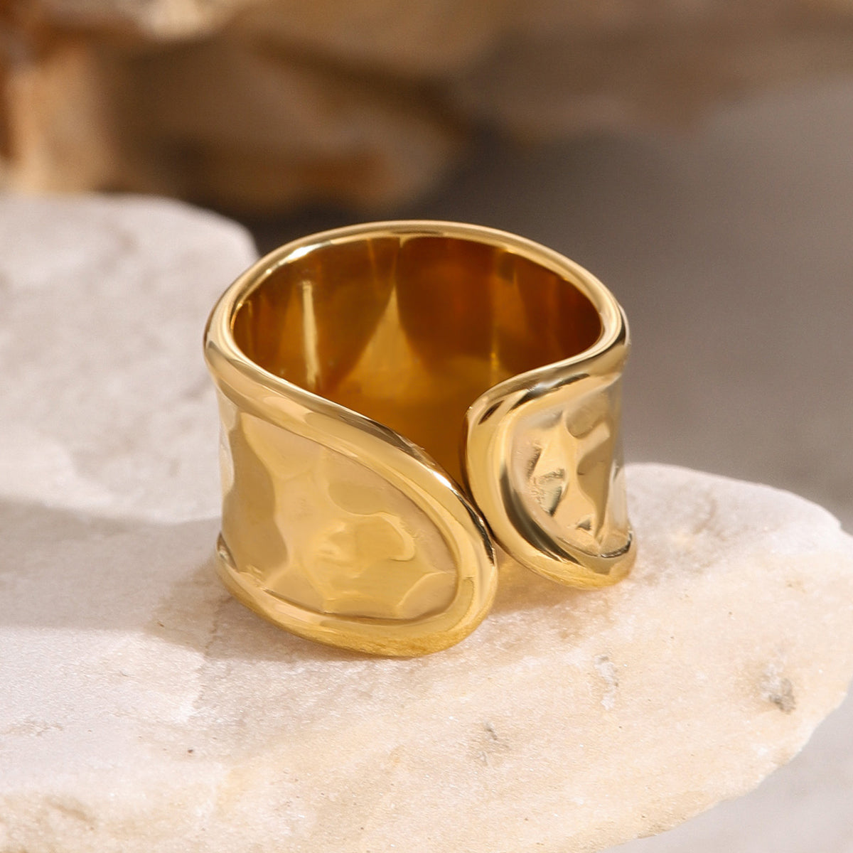 18K Gold Stainless Steel Hammered Texture Asymmetric Open Ring