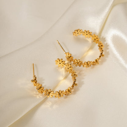 18k Gold Stainless Steel Small Flower C-Shaped Hoop Earrings