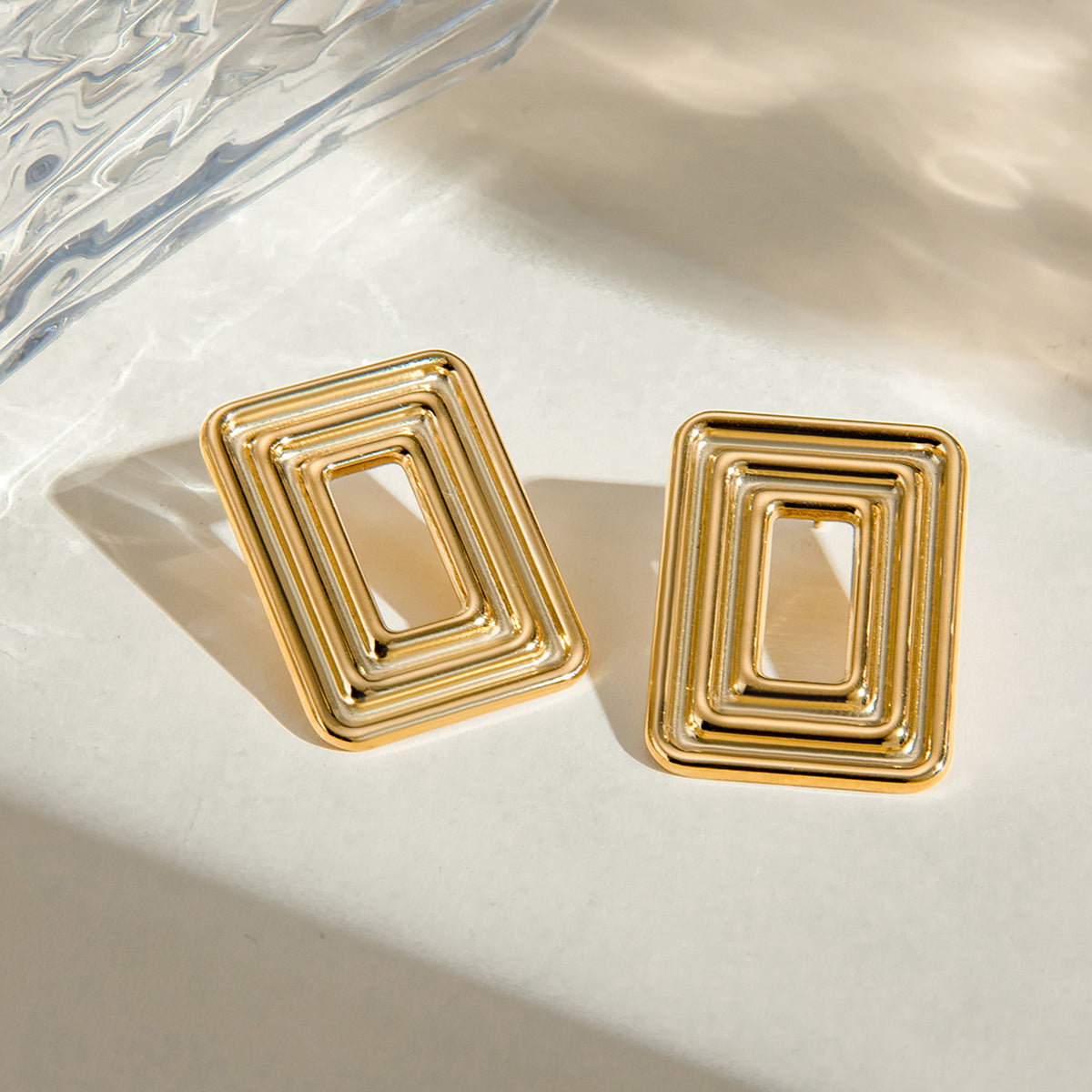 18k Gold Stainless Steel Rectangular Hollow Swirling Pattern Earrings