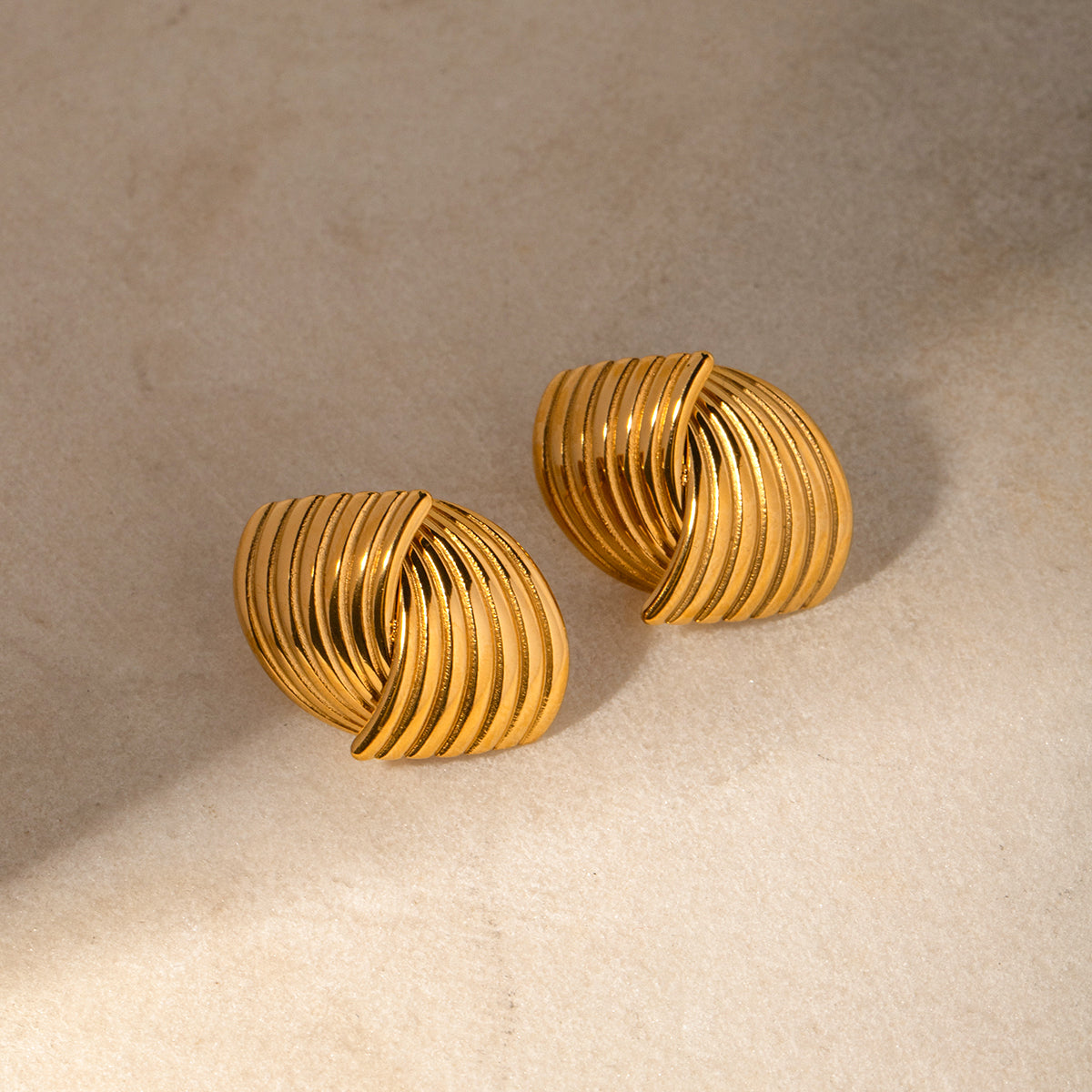 18K Gold Stainless Steel Striped Textured Interlocking Stud Earrings