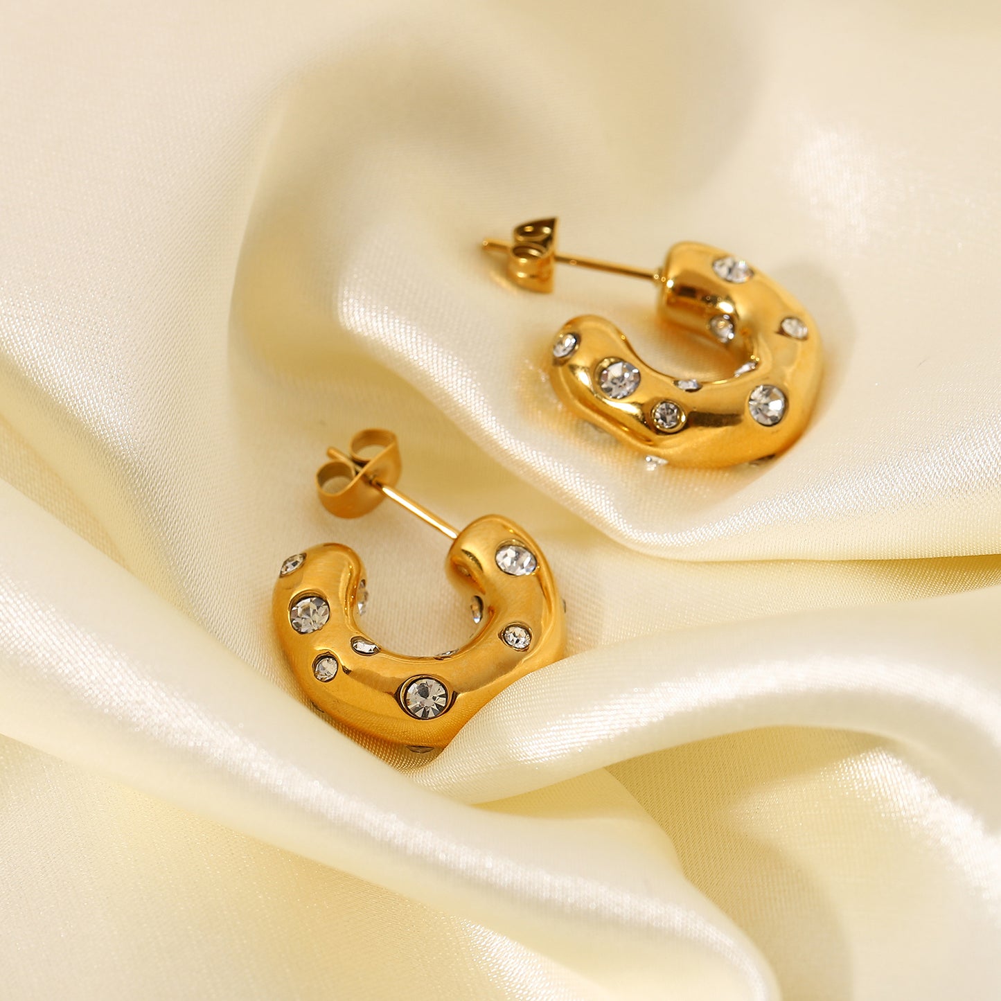 18K Gold Stainless Steel Irregular Hammered Earrings with Cubic Zirconia Inlaid C-shaped Ear Cuffs