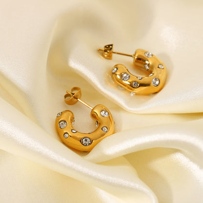 18K Gold Stainless Steel Irregular Hammered Earrings with Cubic Zirconia Inlaid C-shaped Ear Cuffs