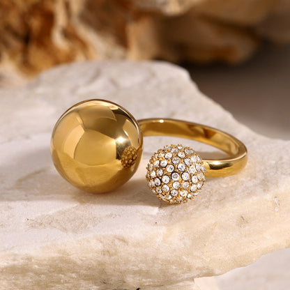 18K Gold Stainless Steel Rhinestone Asymmetric Open Steel Bead Rhinestone Ring