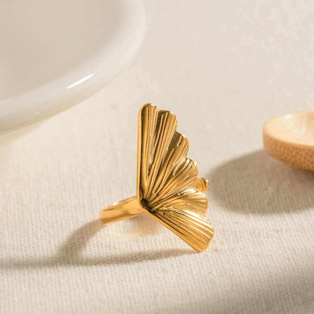 18K Gold Stainless Steel Ginkgo Leaf Ring