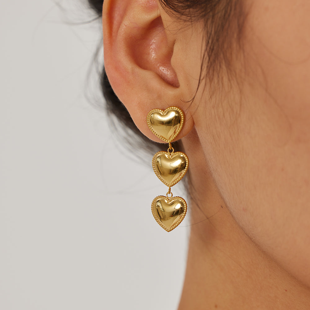 18k Gold Stainless Steel Three-Layer Bezel Set Heart Tassel Earrings