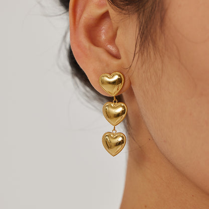 18k Gold Stainless Steel Three-Layer Bezel Set Heart Tassel Earrings