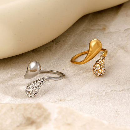 18K Gold Stainless Steel Asymmetric Waterdrop Rhinestone Open Ring