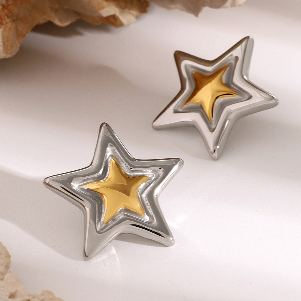 Gold Stainless Steel Two-Tone Convex Five-Pointed Star Earrings