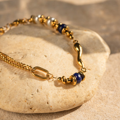 Gold Stainless Steel Glass Pearl Lapis Lazuli Irregular Waterdrop Casting Bead Bracelet