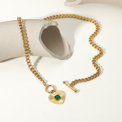 18k Stainless Steel Heart-Shaped Pendant with Green Agate OT Clasp Cuban Chain Necklace