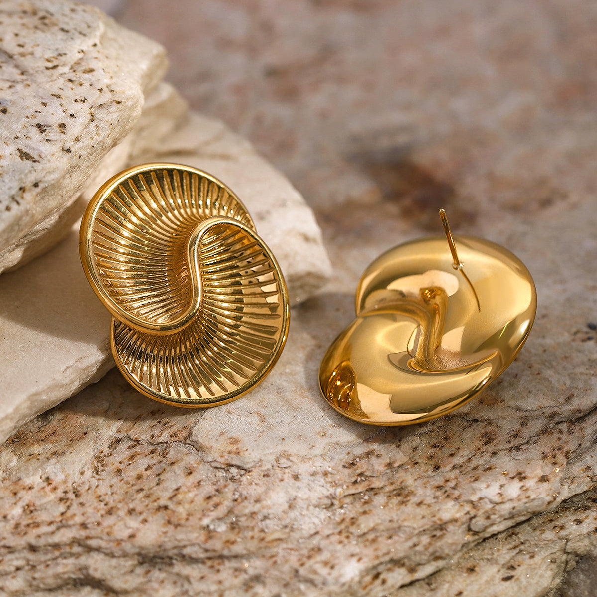 18K Gold Stainless Steel Water Drop Textured Spiral Earrings