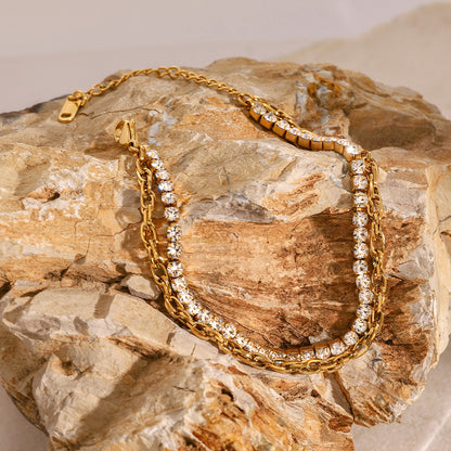 18k Gold Stainless Steel with Zircon White Zircon Prong Set Double-Layer Chain Bracelet 16.5+5cm