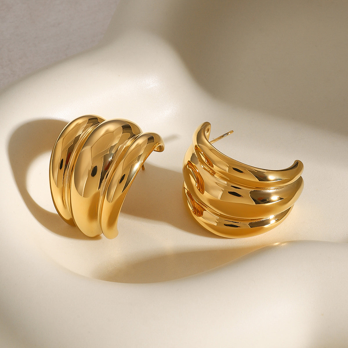 18k Gold Stainless Steel Three-Layer Grooved Polished Earrings